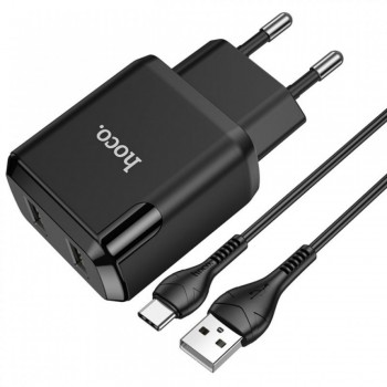 Зарядний пристрій Hoco N7 2.1A з 2 USB портами та кабелем USB C (1м) — швидка зарядка для телефону та планшета, чорний, 10.5W Зарядний пристрій Hoco N7 2.1A з 2 USB портами та кабелем USB C (1м) — швидка зарядка для телефону та планшета, чорний, 10.5W