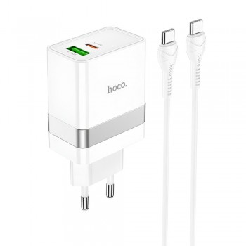 Зарядний пристрій 30W PD QC3.0 з кабелем USB-C (1м) Hoco N21 — біле Зарядний пристрій 30W PD QC3.0 з кабелем USB-C (1м) Hoco N21 — біле