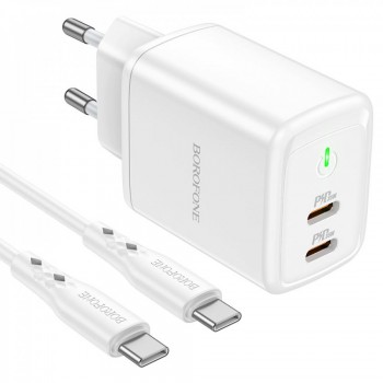 Зарядний пристрій Borofone BN9 35W з 2 портами PD 3.0, USB-C кабель 1м, вогнестійкий матеріал, вилка EU, для смартфонів та планшетів Зарядний пристрій Borofone BN9 35W з 2 портами PD 3.0, USB-C кабель 1м, вогнестійкий матеріал, вилка EU, для смартфонів та планшетів