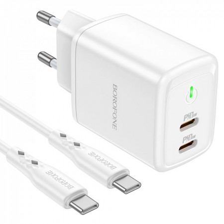 Зарядний пристрій Borofone BN9 35W з 2 портами PD 3.0, USB-C кабель 1м, вогнестійкий матеріал, вилка EU, для смартфонів та планшетів
