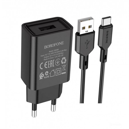 Зарядний пристрій 2.1A з USB-C кабелем 1м Borofone BA68A — Чорне, вогнестійкий ABS і PC, 5В/2,1А, європейська вилка, компактні розміри 83*35*23мм