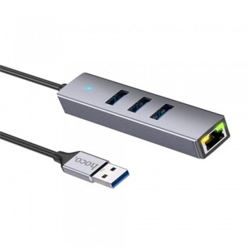 USB-хаб Hoco HB34 Easy Link, 3 порти USB 3.0, RJ45, сірий метал