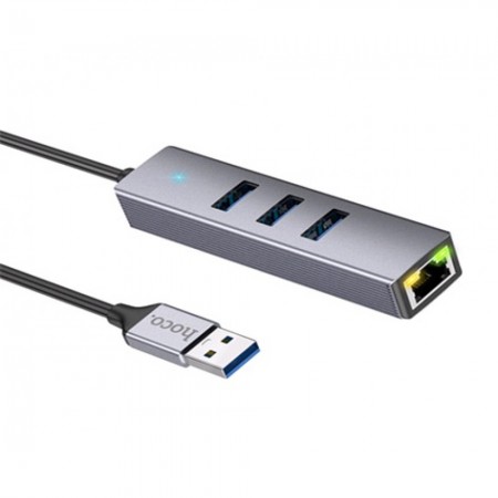 USB-хаб Hoco HB34 Easy Link, 3 порти USB 3.0, RJ45, сірий метал