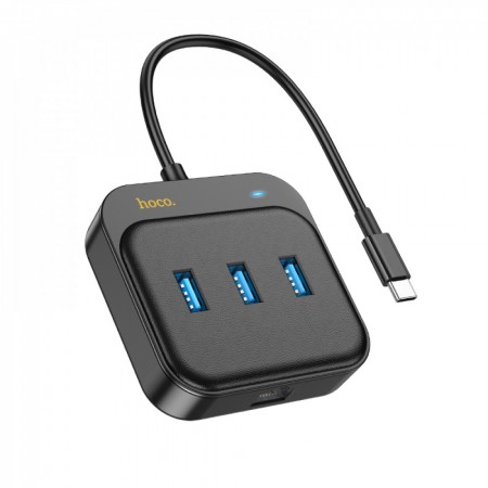 USB Ethernet адаптер Hoco HB35 4-в-1 Gigabit Type-C до USB 3.0*3 + RJ45, чорний, підтримка 10/100 Мбіт/с, довжина кабеля 200 мм