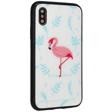 Защитный чехол для iPhone Xs Glass with print TPU Case, синий, с принтом фламинго