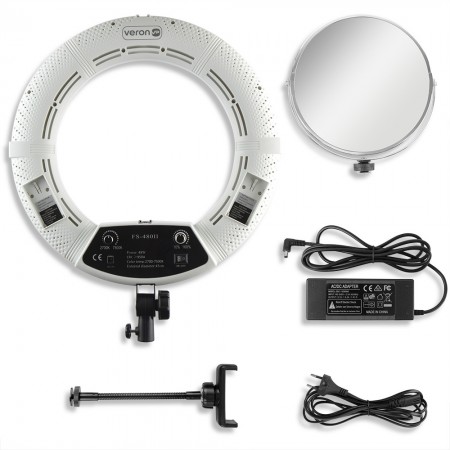 Кільцева LED лампа Veron FS-480 II з дзеркалом 45 см, 48W, 2700-7500K, 480 світлодіодів, регулювання яскравості та кольорової температури, індекс кольоропередачі RA>=95, для професійної зйомки та макіяжу