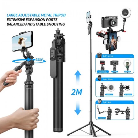 Штатив-селфи-палка C05 Monopod Tripod, 2 м, металлический, сбалансированная и стабильная съемка