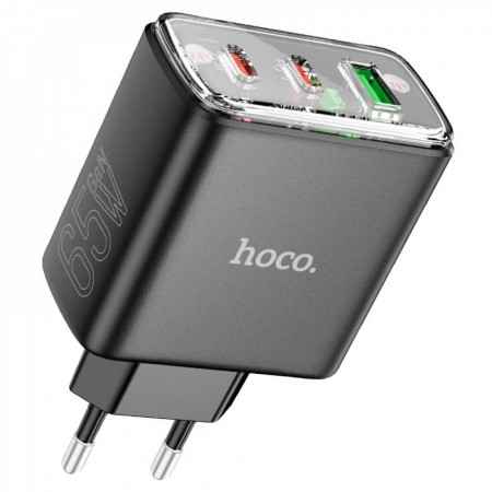 Зарядний пристрій Hoco CS44A 65W GaN з підтримкою QC 3.0, 2 USB-C і 1 USB-A, чорний, EU вбудоване, швидке зарядний пристрій з міцним корпусом.