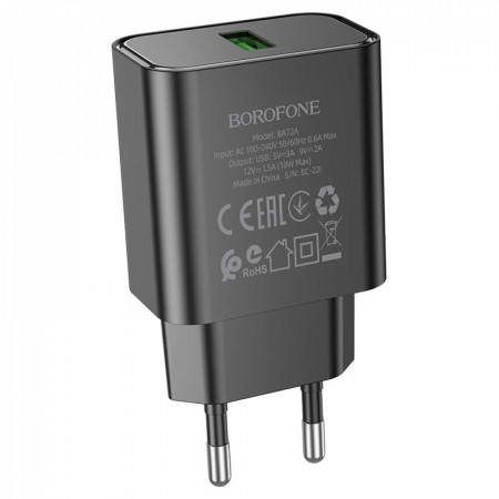 Мережевий зарядний пристрій Borofone BA72A 18W QC3.0 чорний, USB, швидка зарядка