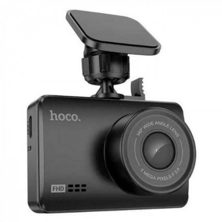 Відеореєстратор Hoco DV2 з дисплеєм 240x432, 2 камери, кут огляду 170°, FullHD (1920x1080), підтримка карт пам'яті до 128 ГБ, ємність батареї 200 мАг, циклічна запис 1-3 хвилини, пластик, легка установка з тримачем та присоскою.