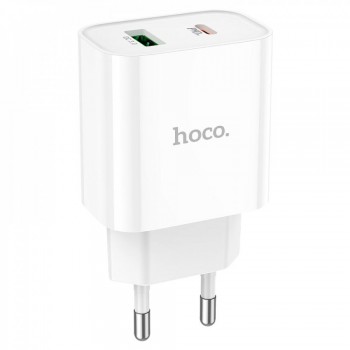 Сетеве зарядний пристрій Hoco C80A 20W PD QC3.0 з 1USB (3.1A) – швидке та безпечне зарядний пристрій для гаджетів, білий колір, вогнетривкий матеріал, сумісність з протоколами швидкої зарядки.