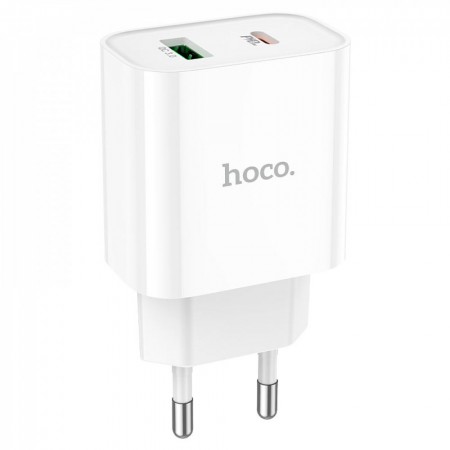 Сетеве зарядний пристрій Hoco C80A 20W PD QC3.0 з 1USB (3.1A) – швидке та безпечне зарядний пристрій для гаджетів, білий колір, вогнетривкий матеріал, сумісність з протоколами швидкої зарядки.