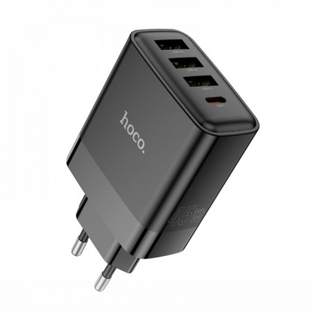 Зарядний пристрій для дому Hoco C127A | 45W PD QC3.0 | USB-C і USB-A | Європейська вилка | Чорний| Вогнетривкий пластик