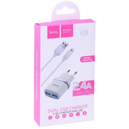 Сетеве зарядне устаткування Hoco C12 2.4A 2USB з Micro-каbleм (1м) - універсальне, компактне, для швидкої зарядки смартфонів та планшетів