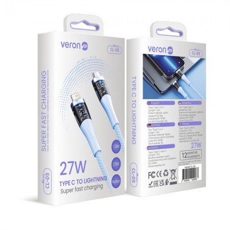 Кабель USB C to Lightning Veron CL05 Nylon Blue 27W PD, сріблястий, 1.2m