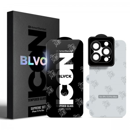 Набір захисних стекол ArmorStandart Supreme Set Black Icon для iPhone 15 Pro Max 6.7