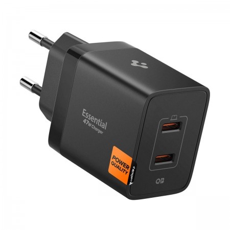 Сетевое зарядное устройство Spigen Essential EE472EU, 47 Вт, 2 порта USB-C, GaN, Power Delivery, чёрное