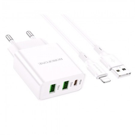 Сетевое зарядное устройство для iPhone Borofone BA70A 20W PD 2 QC3.0 с кабелем Lightning (1m) — белый