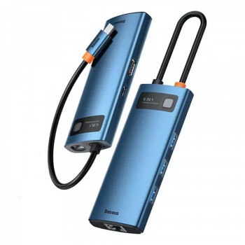 USB-хаб Baseus WKWG000003 Metal Gleam USB-C на HDMI + 3×USB 3.0 + PD + RJ45, 6 в 1, синий