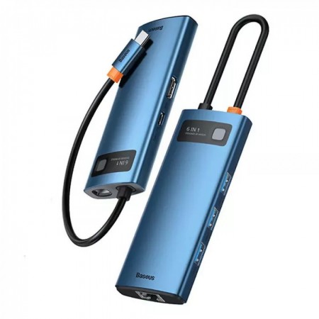 USB-хаб Baseus WKWG000003 Metal Gleam USB-C на HDMI + 3×USB 3.0 + PD + RJ45, 6 в 1, синий