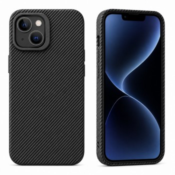 Защитный силиконовый чехол для iPhone 15 Plus, принт карбон, Camera Stand, черный