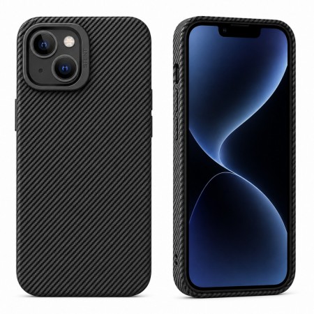 Защитный силиконовый чехол для iPhone 15 Plus, принт карбон, Camera Stand, черный