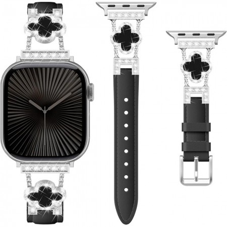 Ремінець для Apple Watch Leaf Clover 38/40/41 мм сріблясто-чорний, шкіра, стрази