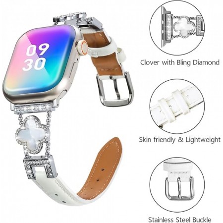 Ремінець для Apple Watch Leaf Clover 42/44/45/49 мм білий, конюшина, стрази