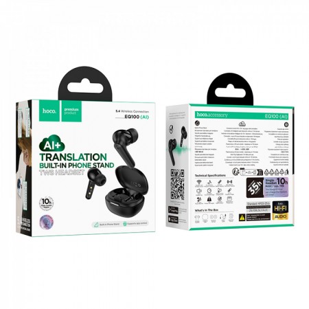 Bluetooth гарнитура Hoco EQ100 AI+ перевод, подставка, до 10 ч работы, черная