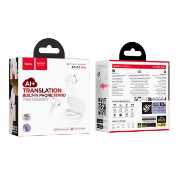 Bluetooth гарнітура Hoco EQ100 TWS, AI переклад, підставка, біла
