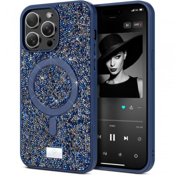 Чехол Bling World Rock Case MagSafe для iPhone 16 Pro синий, стразы, глиттер