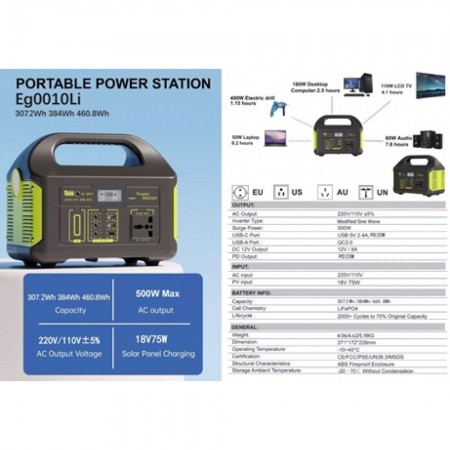 Портативная электростанция Eg010Li 500Вт 460.8Wh LiFePO4 USB QC3.0
