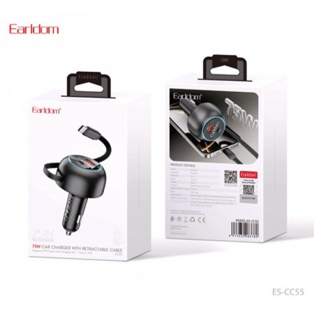 Автомобільний зарядний пристрій Earldom ES-CC55 75W, 1 USB, 1 Type-C, кабель
