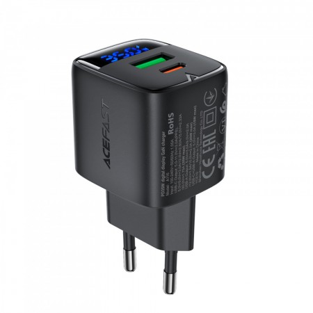 Сетевое зарядное устройство Acefast A116 35 Вт PD QC 3.0 USB-C + USB-A с дисплеем, чёрное