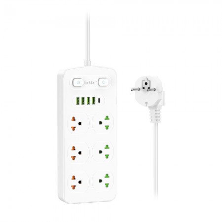 Сетевой фильтр Earldom ES-SC09 6 розеток 4 USB 1 Type-C кабель 2 м